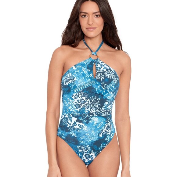 Lauren Ralph Lauren Ring Halter One-Piece Swimsuit Size 6 Blue Indigo Patchwork - Picture 1 of 3